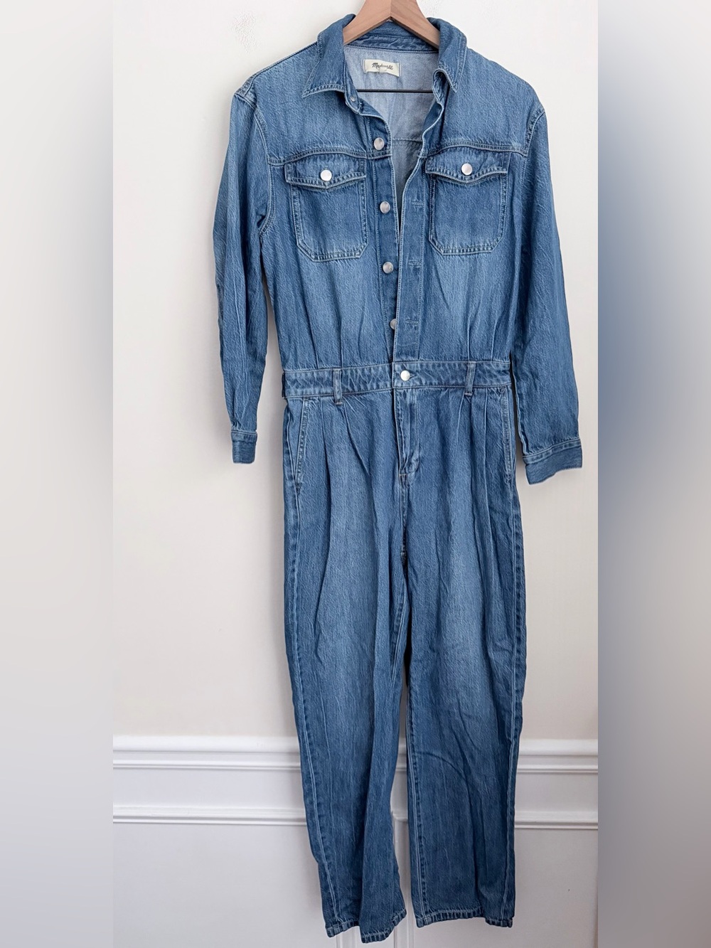 Madewell Pleated Barrel-Leg Jumpsuit Long Sleeve Baywood Wash Cotton Lyocell 8